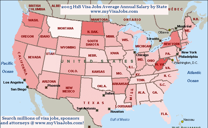 2005 H1B Visa Jobs Average Annual Salary by State